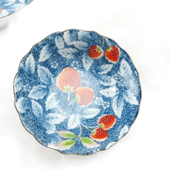 Andrea By Sadek Vintage Blue Floral Leaf & Strawberry Design Bowls Set Of 3 - Picture 5 of 12